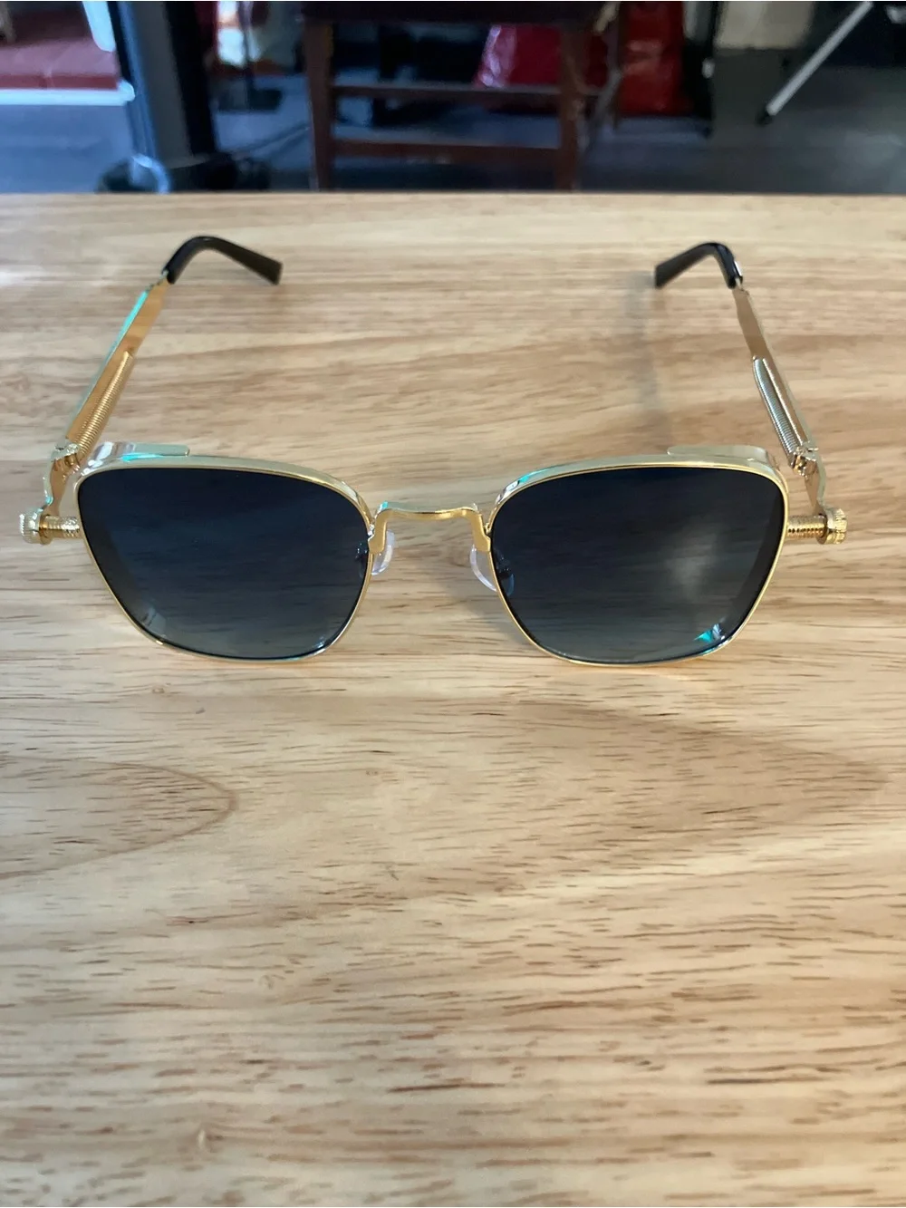 Gold Frame Men’s Sunglasses with Gradient Black Greenish Lenses